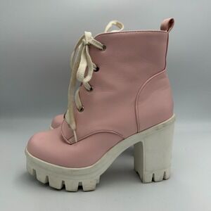 Pink Combat Boot Womens 6.5‎ Pink Platform Chunky Heel Block Ankle Lace Up Y2K
